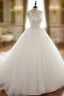 White Round Neck Tulle Lace Applique Long Wedding Dresses, White Evening Dresses