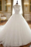 White Round Neck Tulle Lace Applique Long Wedding Dress, White Prom Dresses