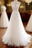 White Round Neck Tulle Lace Long Prom Dress White Tulle Wedding Dresses
