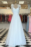 White Ruffled Straps V Neck Pleated Long Prom Dresses