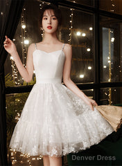 White Satin And Lace Straps Short Party Dress, White Lace Homecoming Dress