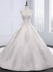 White Satin Appliques Pearls High Neck With Train Wedding Dress