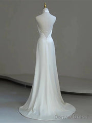 White Satin Halter A-Line Long Beaded Low Back Party Dress, White Wedding Party Dress