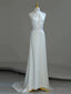 White Satin Halter A Line Long Beaded Low Back Prom Dress, White Wedding Prom Dresses