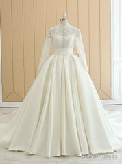 White Satin High Neck Long Sleeve Wedding Dress With Button