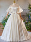 White Satin Lace Puff Sleeve Bow Off the Shoulder Wedding Dresses