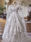 White Satin Lace Puff Sleeve Bow Vintage Wedding Dresses
