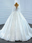 White Satin Long Sleeve Pearls Illusion Wedding Dresses