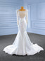 White Satin Long Sleeve Pearls Pleats Wedding Dresses
