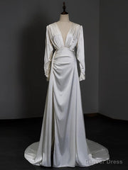 White Satin Long Sleeve Pleats Wedding Dress