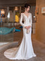 White Satin Mermaid Long Sleeves With Lace Wedding Prom Dress, White Long Prom Dresses
