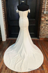 White Satin Off-The-Shoulder Mermaid Long Wedding Dress Pure Color