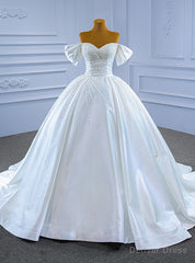White Satin Off the Shoulder Pearls Beading Wedding Dress