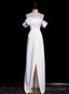 White Satin Off the Shoulder Pleats Split Wedding Dresses