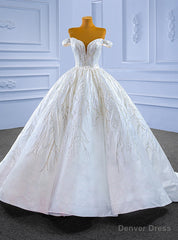 White Satin Off the Shoulder Sequins Appliques Wedding Dress
