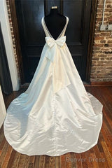White Satin Plunging Neck Bow-Back A-Line Long Wedding Dress V-Neck
