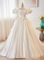 White Satin Puff Sleeve Backless Flower Wedding Dresses