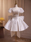 White Satin Puff Sleeve Beading Homecoming Dresses