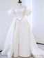 White Satin Puff Sleeve Pearls Wedding Dresses
