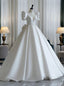 White Satin Puff Sleeve V Neck Bow Wedding Dresses