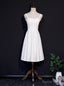 White Satin Spaghetti Straps Knee Length Prom Dresses