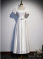White Satin Square Puff Sleeve Bow Prom Dresses