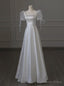 White Satin Square Puff Sleeve Pearls Wedding Dresses