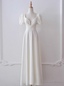 White Satin Square Puff Sleeve Pleats Pearls Wedding Dresses
