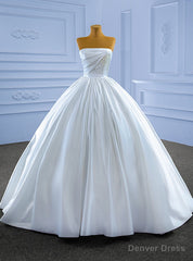 White Satin Strapless Pearls Pleats Wedding Dress