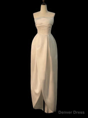 White Satin Strapless Tea Length Wedding Dress