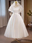 White Satin V Neck Puff Sleeve Button Wedding Dresses