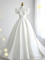 White Satin V Neck Puff Sleeve Wedding Dresses
