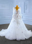 White See Through Tulle V-neck Long Sleeve Appliques Wedding Dress
