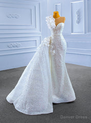 White Sequins Mermaid Pearls Appliques Wedding Dress