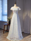 White Sequins Square Short Sleeve Prom Dresses