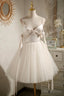 White Spaghetti Straps V Neck Tulle Short Homecoming Dresses with Bow