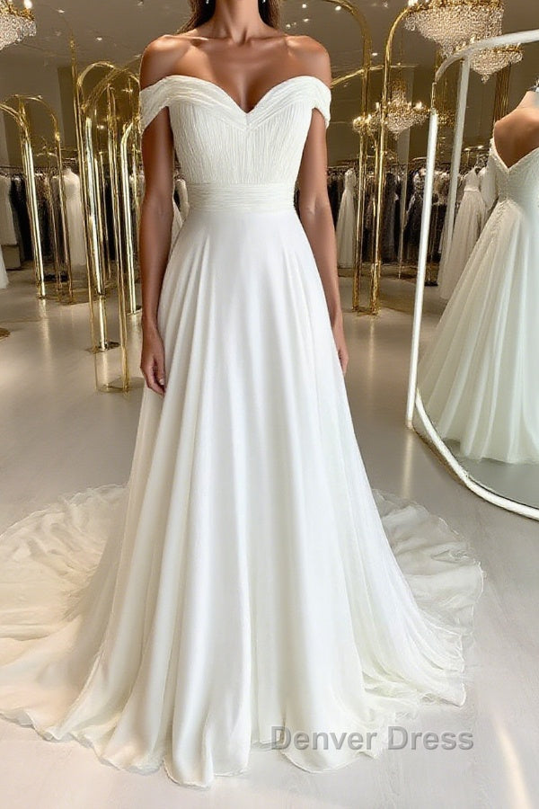 White sweetheart chiffon long prom Dress white Prom Dresses – Denver Dress