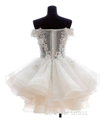 White Sweetheart Lace Applique Short Prom Dresses, Cute White Homecoming Dresses