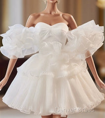 White Sweetheart Neck Organza Short Prom Dresses, White Homecoming Dresses