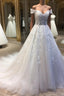 White sweetheart tulle lace applique long prom Dresses, wedding Dresses