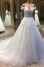 White sweetheart tulle lace applique long prom Dress, wedding Dresses