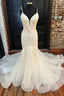 White Tulle Floral Lace Trumpet Long Wedding Dresses V Neck Open Back
