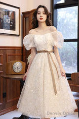 White Tulle Knee Length Prom Dress, Cute Short Sleeve Homecoming Dress