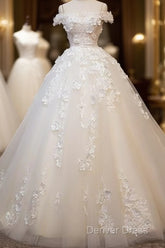 White Tulle Lace Applique Long Prom Dresses, White Lace Wedding Dresses