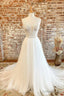 White Tulle Lace Long Prom Dress, A Line V Neck Prom Dresses
