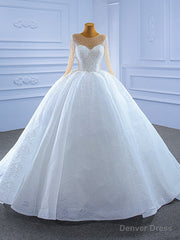 White Tulle Lace Long Sleeve Beading Wedding Dress