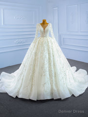 White Tulle Long Sleeve Beading Sequins Wedding Dress