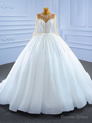 White Tulle Long Sleeve Sequins Beading Wedding Dress