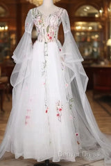 White Tulle Long Sleeves A-Line Wedding Party Dresses, White Tulle Prom Dresses