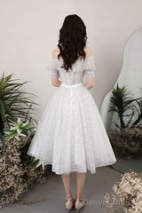 White Tulle Off Shoulder Sequin Short Prom Dress White Homecoming Dress